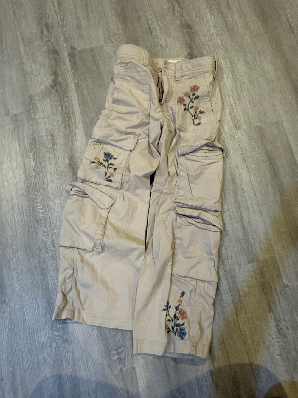 abercrombie kids Beige Cargo Jeans with Floral Embroidery